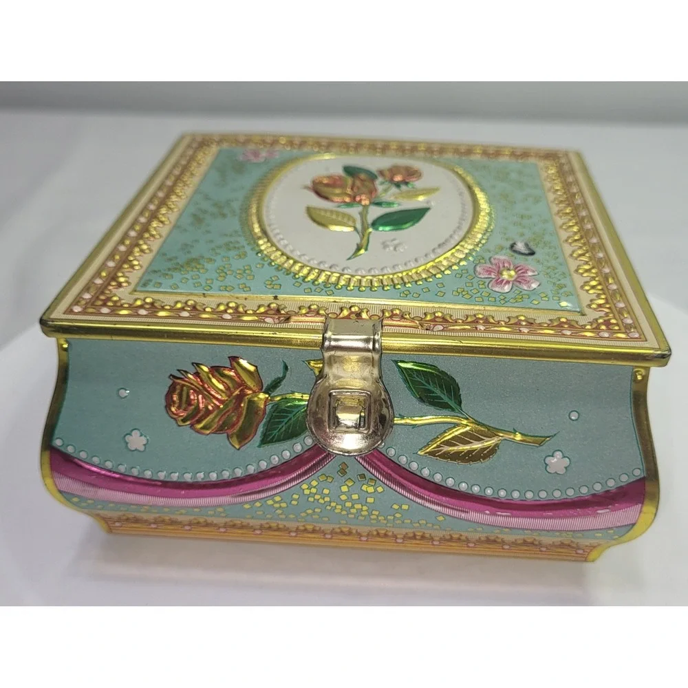 Trinket Box Teal Gold Embossed Rose Metal Tin Vintage Victorian Cottagecore